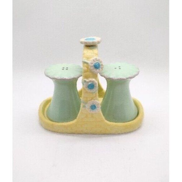 Vintage Russ Berrie Porcelain Floral Salt Pepper Shakers with Holder Retro Green - Picture 1 of 6